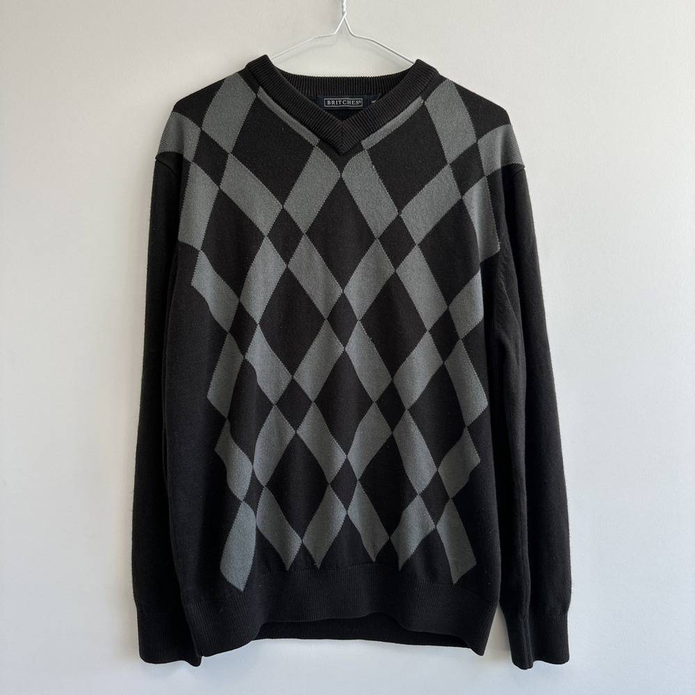 Britches‎ Men's M Dark Brown Gray Argyle Long Sleeve Pullover Sweater Preppy